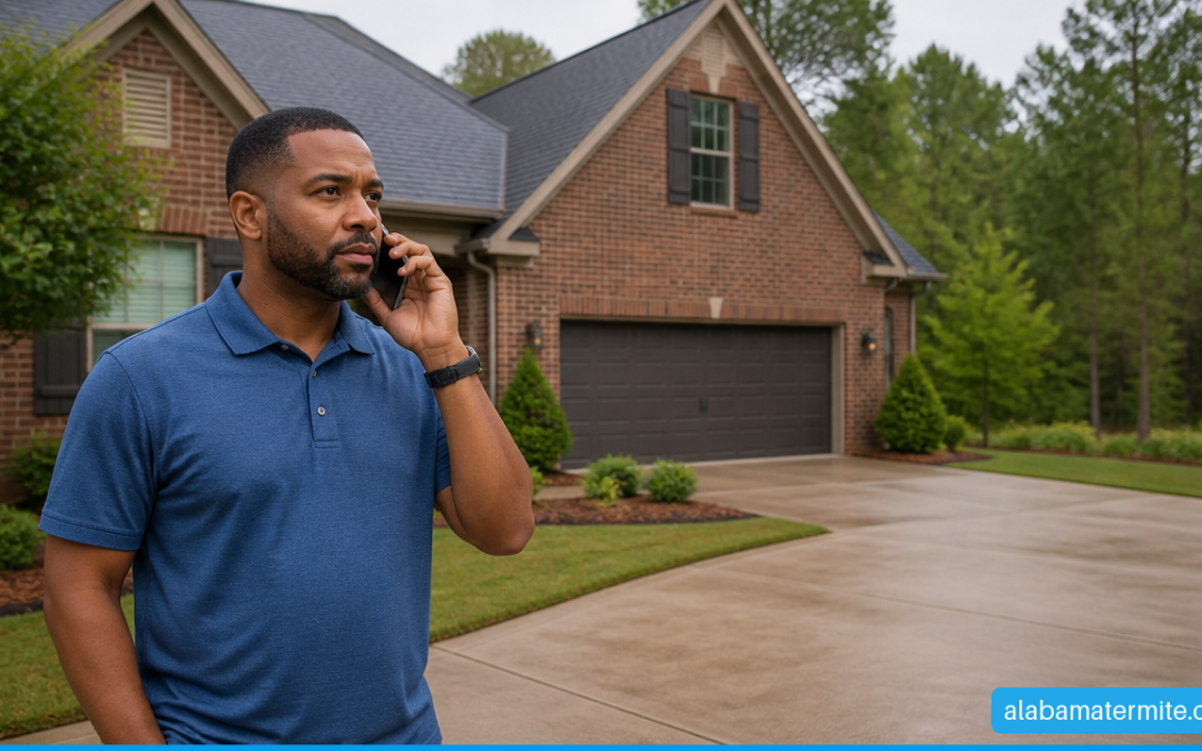 Birmingham homeowner calling a pest control company outside a brick home.