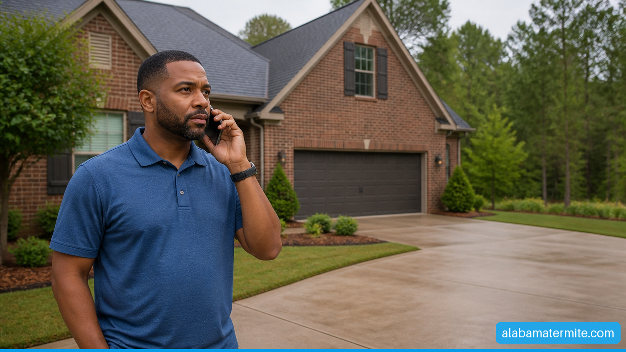 Birmingham homeowner calling a pest control company outside a brick home.