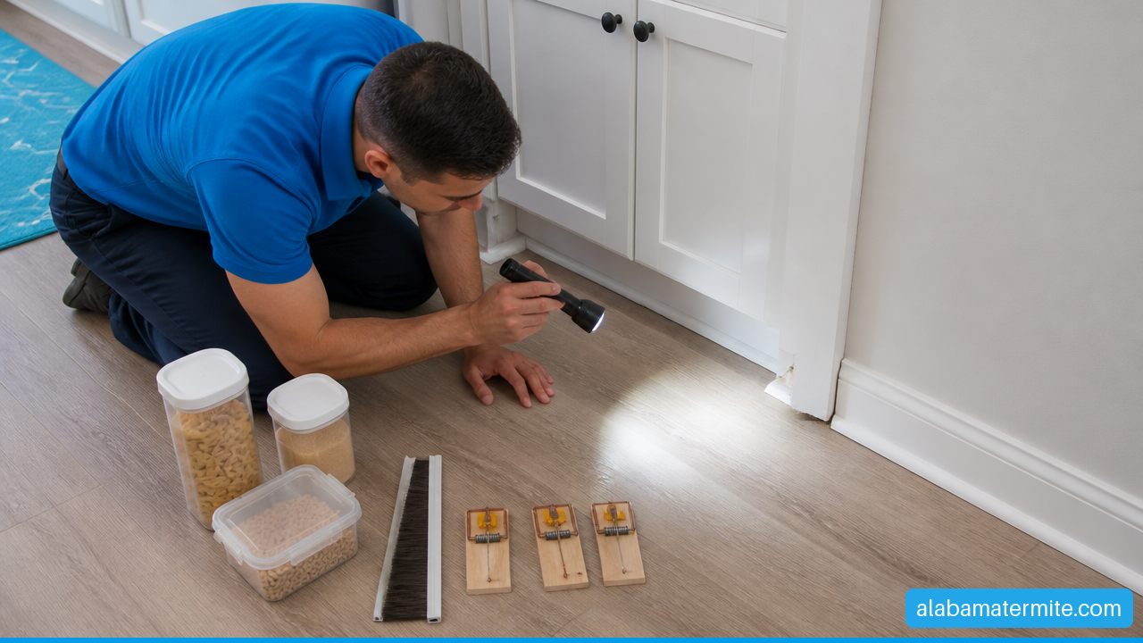 Homeowner inspecting a kitchen cabinet and baseboard for signs of mice and entry points.