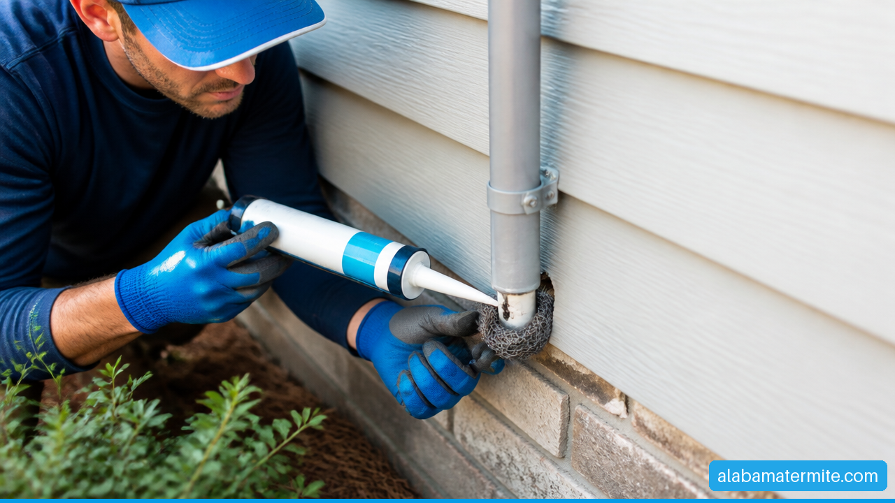 Homeowner sealing a gap around a utility pipe to help prevent mice from entering.