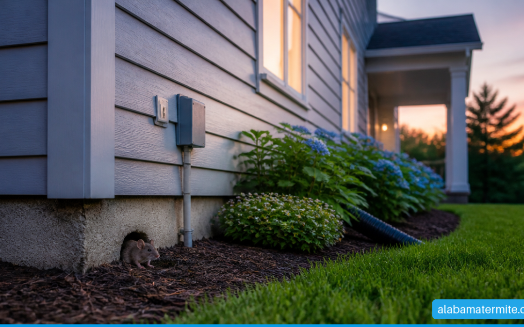 House mouse near a small foundation gap outside a suburban home.
