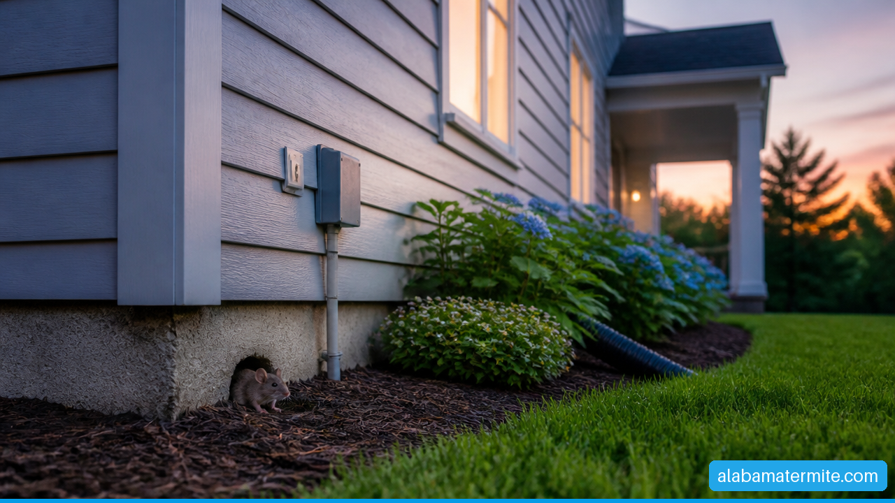 House mouse near a small foundation gap outside a suburban home.