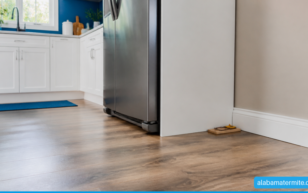 Mouse trap positioned safely along a kitchen wall for monitoring mouse activity.