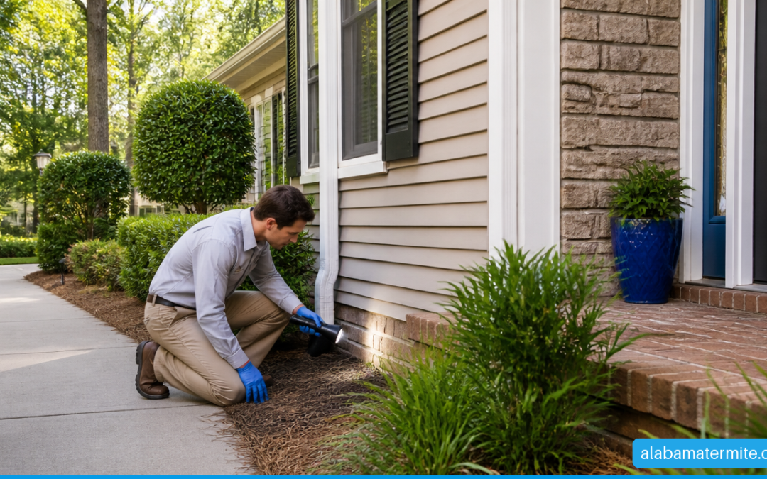 Pest control technician inspecting a home foundation in Birmingham, Alabama