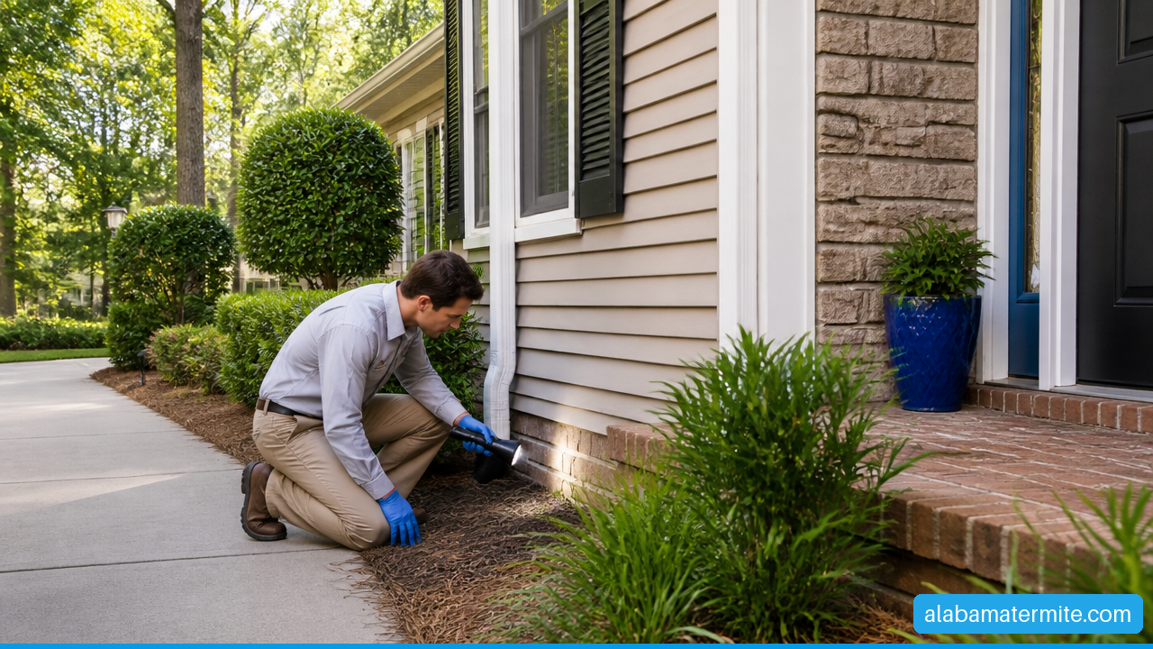 Pest control technician inspecting a home foundation in Birmingham, Alabama