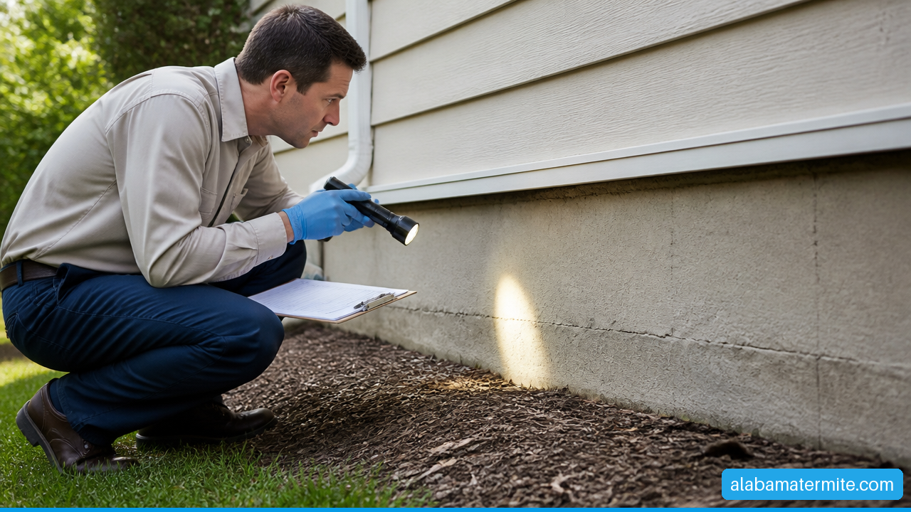 Pest control technician inspecting a home's foundation for pest activity.
