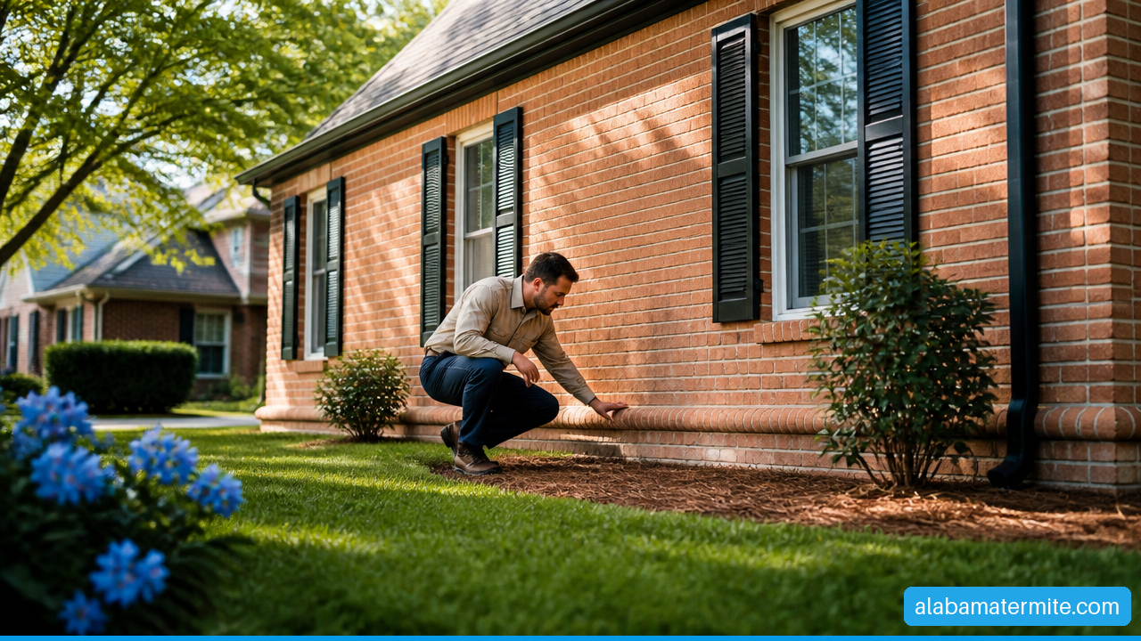 Pest control technician inspecting the exterior foundation of a Birmingham area home