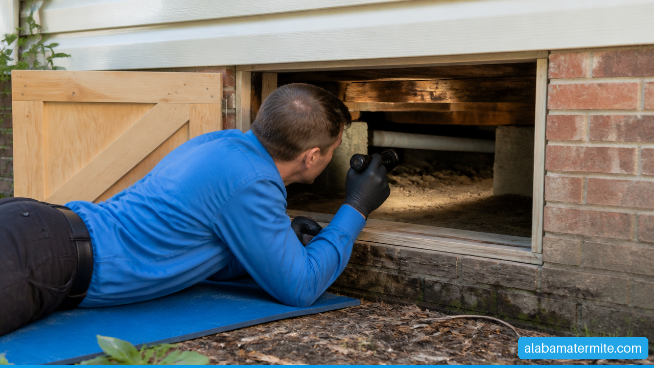 Technician inspecting a crawlspace entrance for termite and moisture concerns