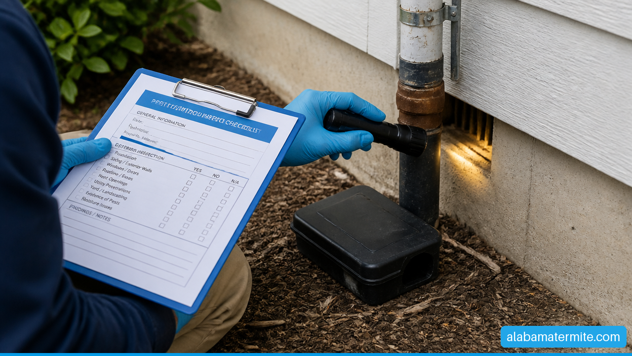 Technician inspecting an exterior entry point as part of integrated pest management